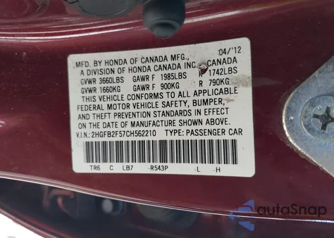 2012 Honda Civic Lx z USA, uszkodzony, nr VIN 2HGFB2F57CH562210